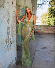 Rochie Blini verde cu cristale și accesoriu de pus pe cap si șal