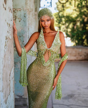Rochie Blini verde cu cristale și accesoriu de pus pe cap si șal