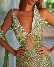 Rochie Blini verde cu cristale și accesoriu de pus pe cap si șal