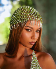 Rochie Blini verde cu cristale și accesoriu de pus pe cap si șal
