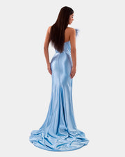 Rochie Albina Dyla baby blue lunga cu pene