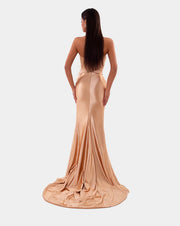 Rochie Albina Dyla lunga bej cu pene si cristale