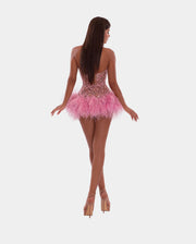 Rochie Albina Dyla scurta roz cu cristale si pene