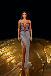 Rochie Vlora lunga cu cristale argintii si rosii