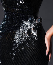 Rochie Blini lungă neagră cu cristale transparente