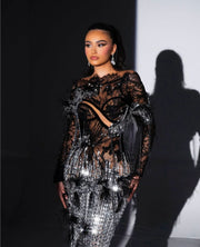 Rochie Blini neagră lungă din dantelă și cristale