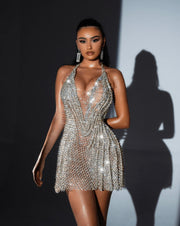 Rochie Blini argintie scurtă cu cristale