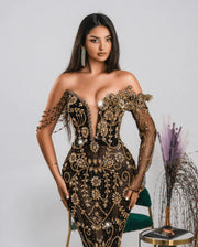 Rochie Blini 02 neagră lungă cu cristale aurii