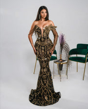 Rochie Blini 02 neagră lungă cu cristale aurii