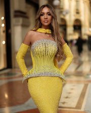 Rochie Jelli 03 cu corset galben si cristale argintii
