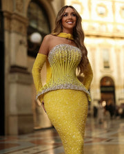 Rochie Jelli 03 cu corset galben si cristale argintii