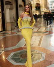 Rochie Jelli 03 cu corset galben si cristale argintii