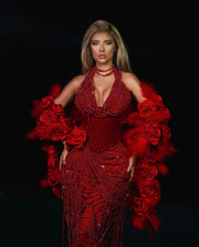Rochie Blini 08 rosie lunga cu perle si sal cu trandafiri