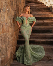 Rochie Blini 09 verde lunga cu trandafiri si trena