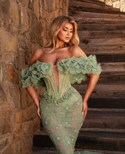 Rochie Blini 09 verde lunga cu trandafiri si trena
