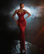 Rochie Blini 11 rosie lunga cu cristale