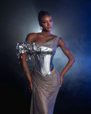 Rochie Blini 13 argintie cu cristale si corset