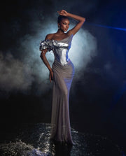 Rochie Blini 13 argintie cu cristale si corset