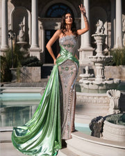 Rochie Blini lungă cu cristale și trenă verde