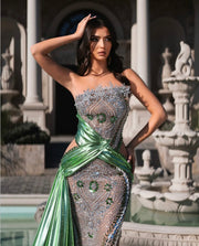 Rochie Blini lungă cu cristale și trenă verde