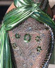 Rochie Blini lungă cu cristale și trenă verde