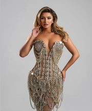 Rochie Blini 16 lunga aurie cu cristale si lanturi
