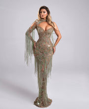 Rochie Blini 17 lunga cu cristale verzi si bronz