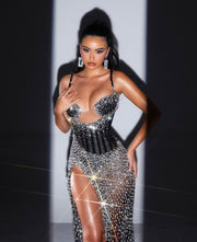 Rochie Blini neagră cu crăpătură și cristale argintii