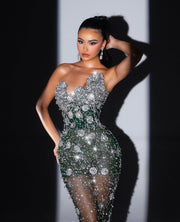 Rochie Blini verde închis transparentă cu cristale argintii