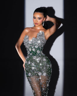 Rochie Blini verde închis transparentă cu cristale argintii