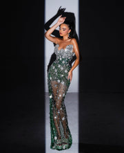Rochie Blini verde închis transparentă cu cristale argintii
