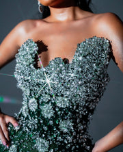Rochie Blini verde închis transparentă cu cristale argintii