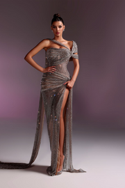 Rochie Vlora lunga bej cu cristale argintii