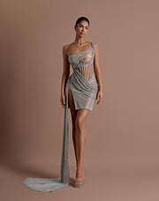 Rochie Vlora mini argintie cu cristale multicolore