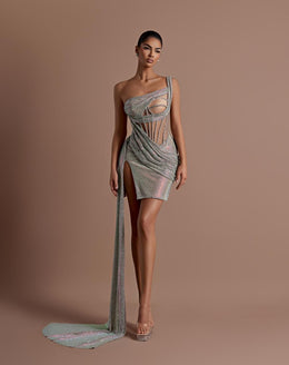 Rochie Vlora mini argintie cu cristale multicolore